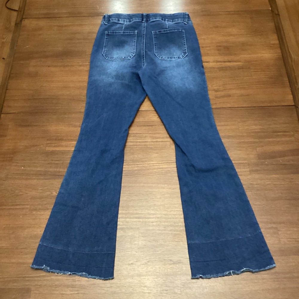 Indigo Poppy Women Blue High Rise Flare Jeans Size 8 Raw Hem Stretch